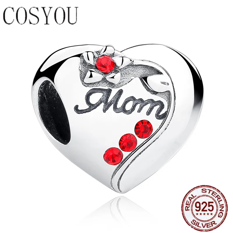 COSYOU 2019 Новинка 100% стерлингового серебра 925 пробы мама Красные Подвески-шармы в виде сердца браслеты и ожерелье женский подарок на день