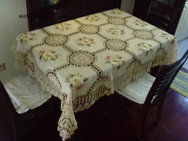 2015 free shipping cotton crochet lace tablecloth with ribbon embroidery flowers lace table towel for home decor overlay skirt - Image 5
