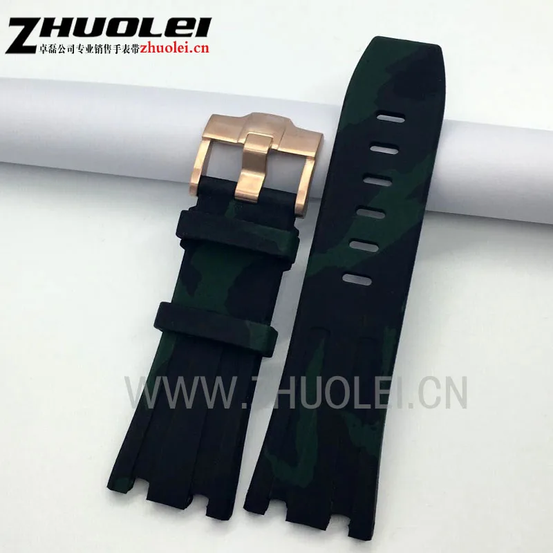 

Luxury Band 28mm Army green camouflage Rubber Silicone Waterproof with stainless steel pin clasp Watch Strap fit AP watchband