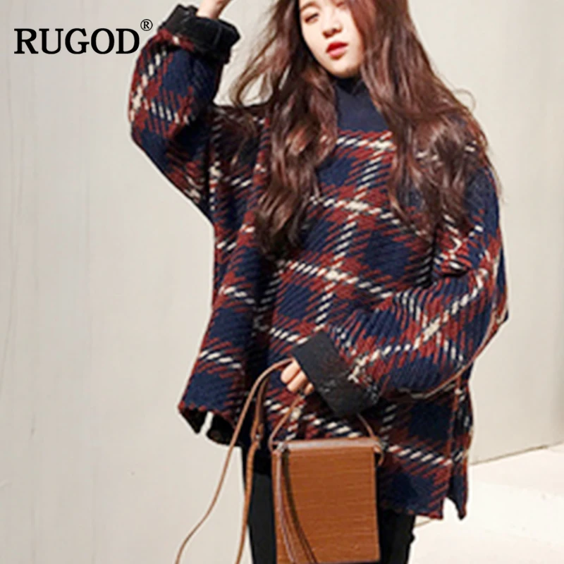 RUGOD New Vintage Plaid Wool Coat Women 2018 Autumn Winter Turtleneck Pullover Woolen Jacket Thick Women Clothing Casaco Femme