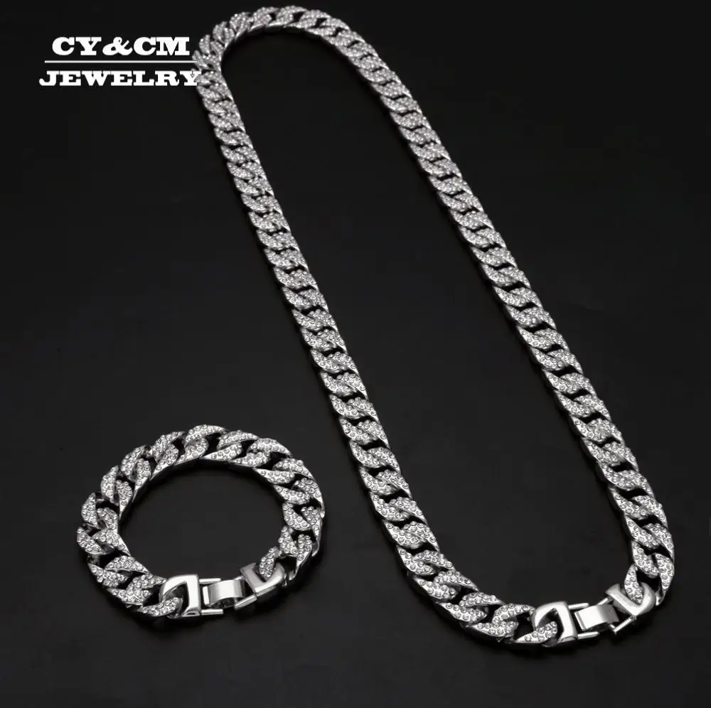 

Heavy Miami Cuban Chain Full Rhinestone Bracelet Necklace Set Gold Silver 13mm Big Choker for Men's Hip hop Iced Out Necklaces