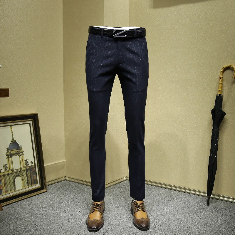 Брюки мужские темно-синие в полоску формальные Бизнес slim fit корейский стиль офисные мужские брюки свадебная одежда жениха Плюс Размер 36