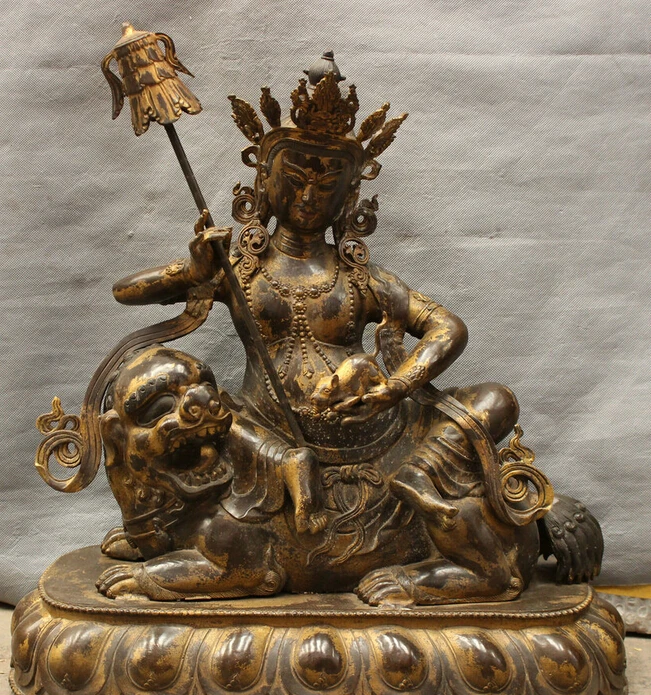 

JP S0606 20" Tibet Bronze Gilt Temple The King of Wealth Jambhala Buddha Statue Ride Lion