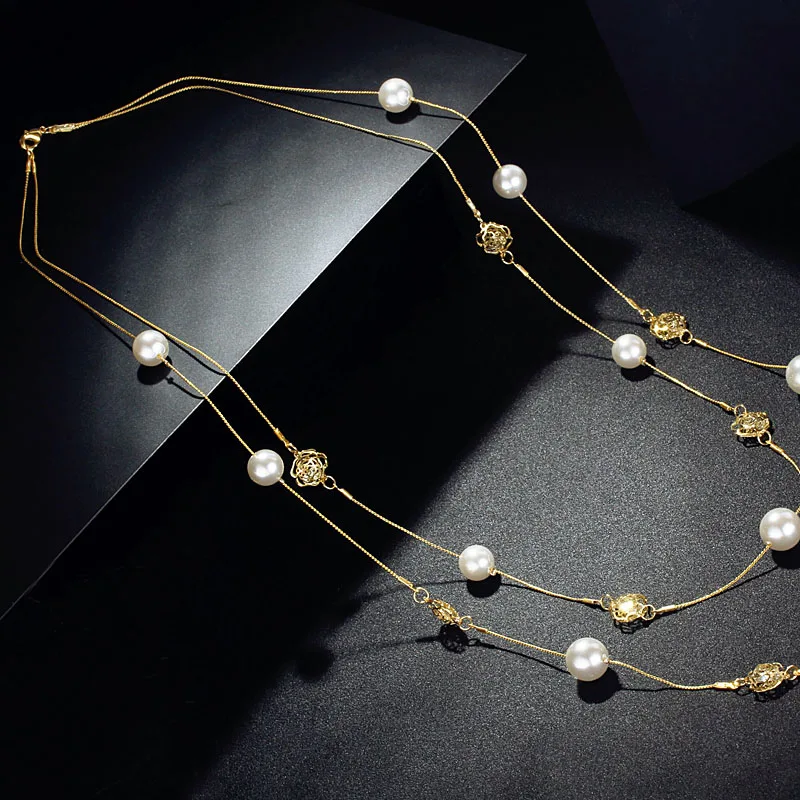 Модное Длинное Ожерелье двойных слоев с искусственным жемчугом, золотая цепочка с розовыми цветами, женские вечерние ювелирные украшения