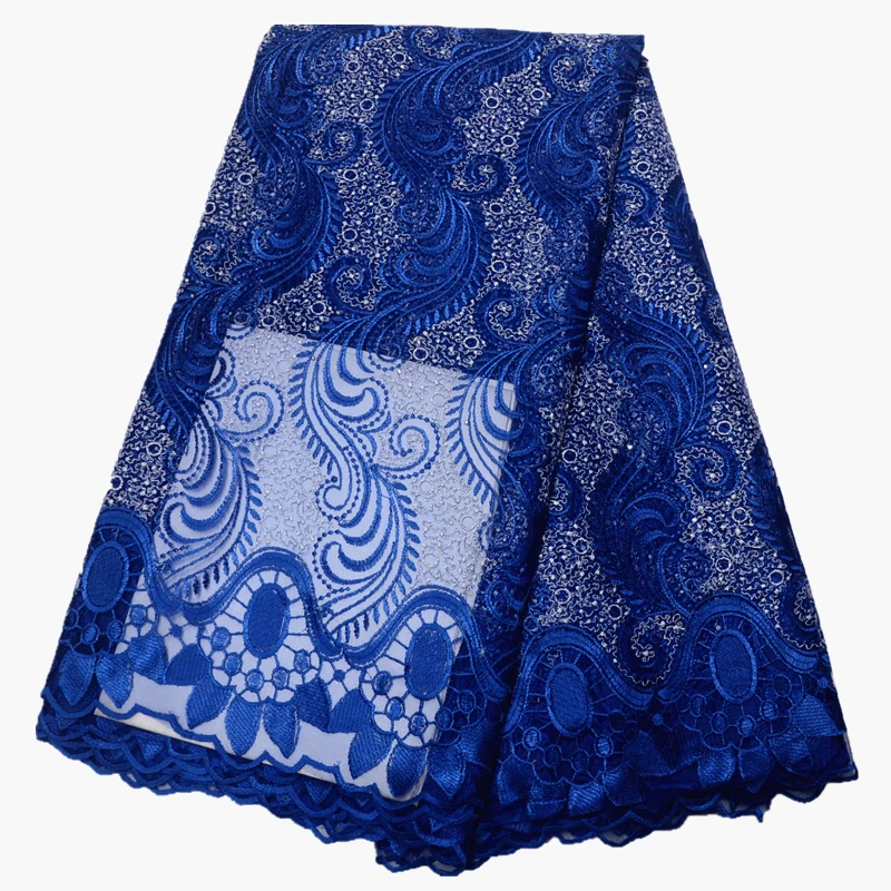 Синяя кружевная ткань высокое качество кружевная нигерийская кружевная ткань для женщин платье Африканский тюль кружево с камнями 5 ярдов за штуку