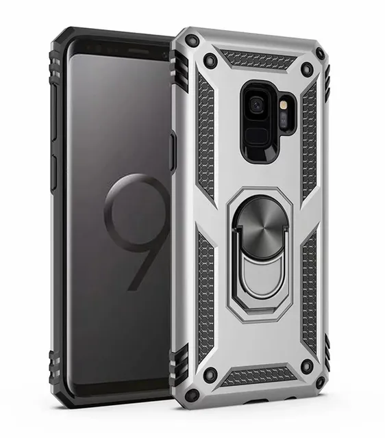 For Samsung Galaxy S8 S9 Plus Case Luxury Car Magnetic Rugged Armor Cover for Galaxy Note 8 9 Stand Shockproof Finger Ring Cover Silver