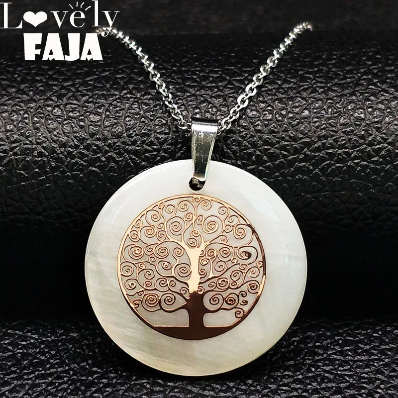 

2019 Fashion Tree of Life Stainless Steel Necklace Rose Gold Color Shell Necklaces Pendants for Women Jewelry bijoux femme N1893