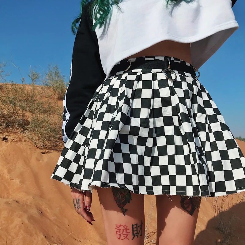 

Black White Plaid A-Line Mini Skirt Women Summer Ring Detail Skater Skirt Sexy High Waist Ball Gown Female Mujer Saia Harajuku