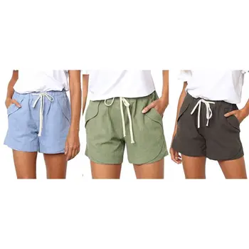 

Womens Summer Drawstring Mid Rise Cotton Linen Shorts Elastic Waist Casual Solid Color Beach Loose Trousers With Pockets