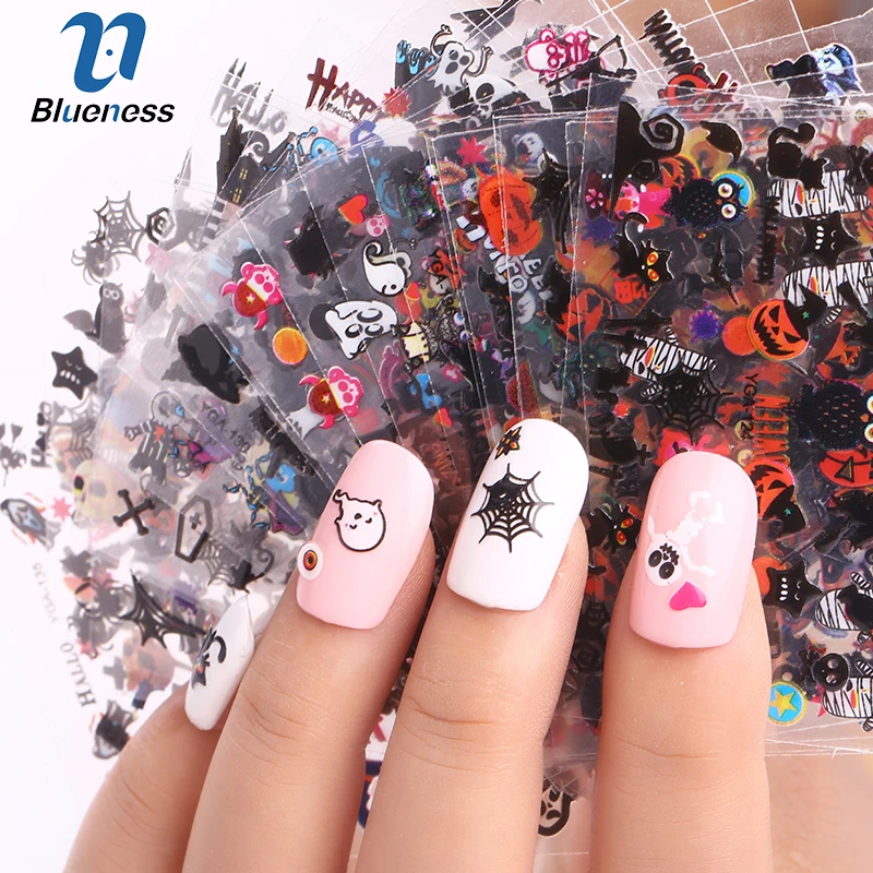 

24 Sheet Halloween Design Beauty Nail Art Nails Stickers Adhesive Transfer 3D Skull Pumpkin Stickers Decals For Tips Top Quality