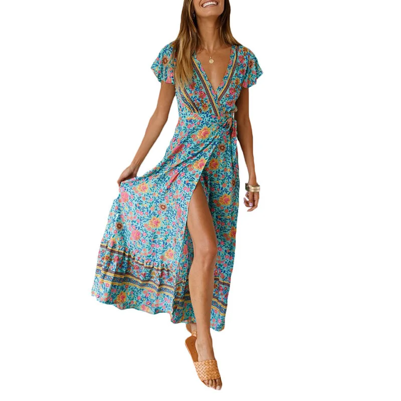 

2019 Women's Summer Beach Dress Large Size V-neck Cotton Long Bohemian Dress Holiday Print Beach Split Wrap Dress Size S-XXL