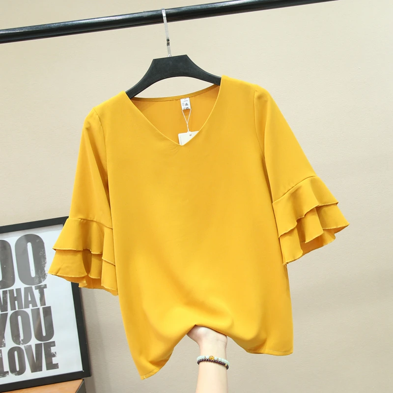 2019 Fashion Simple Women's blouse Summer Butterfly Sleeve Chiffon Shirt V-Neck Casual blouse Plus Size S-4XL Loose Female Tops