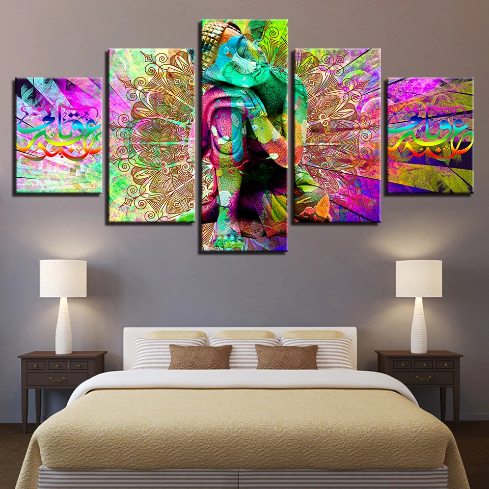 

HD Print Canvas Poster 5 Pieces Colour Buddha Wall Painting Modular Psychedelic Mandala Hippie Art Pictures Home Decor Framework