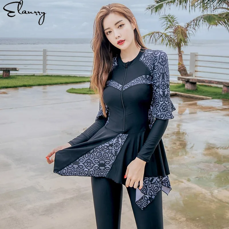 Female Surfing Suit Long Sleeves Print Bathing Suit 3 Pieces Padded Flouching Bodysuits Swimwear Beach Rashguards M-2XL