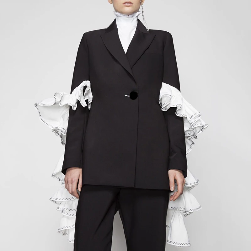 Rubans Ol Oxant À Pour 2019 Vêtements Patchwork Ruches Base Black Longues Mode De Femmes Femme Blazer Manches Noir Manteau Crq4n5aYq