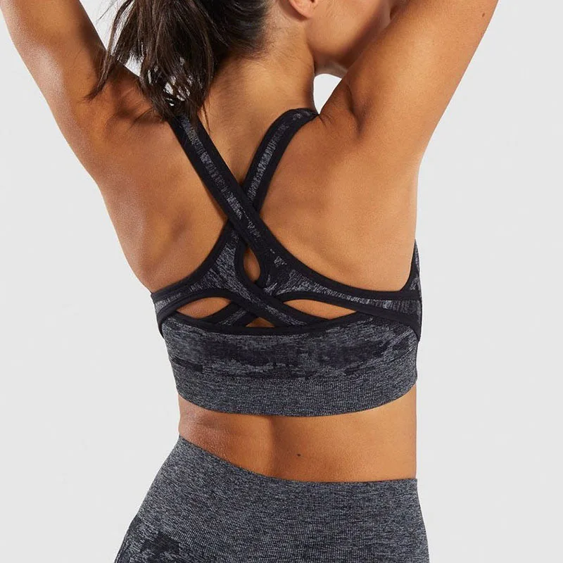 Beste SALSPOR Nieuwe Camo Naadloze Sport Bh Vrouwen Hoge Impact Push Up Gym Running Fitness Tops V hals Cross Workout Crop Top yoga Beha