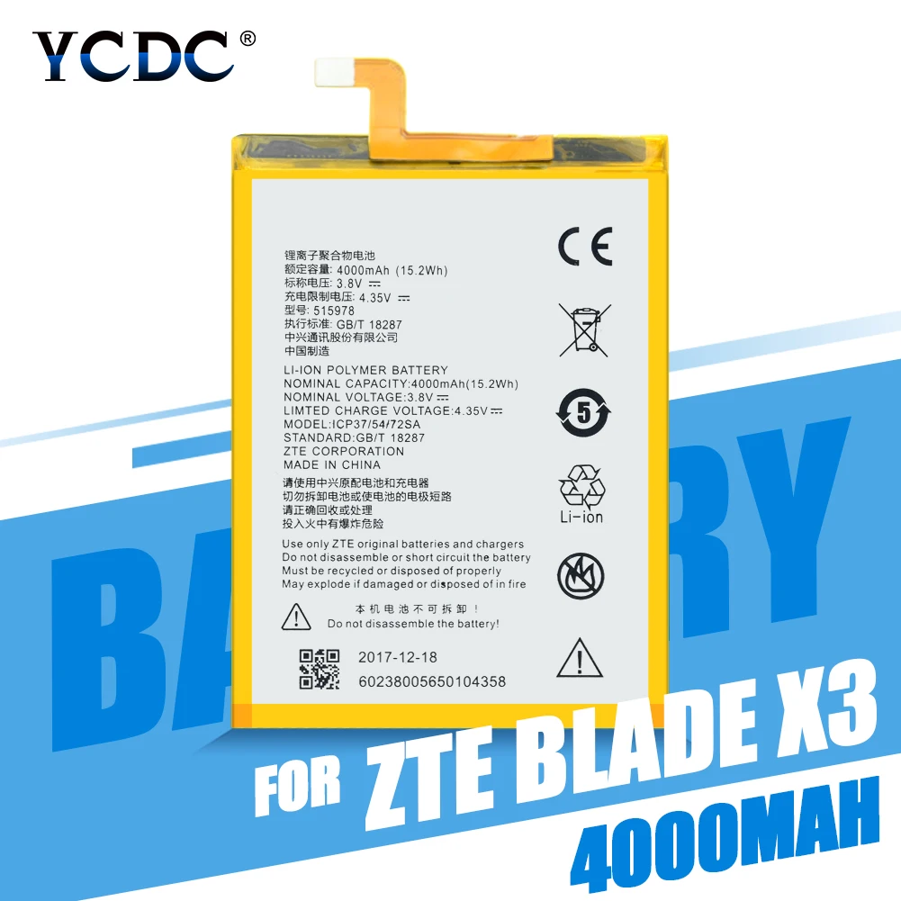 

Replacement 4000mAh Battery For ZTE Blade X3 Q519T D2 A452 E169-515978 515978 Lithium Polymer Mobile Phone Batteries