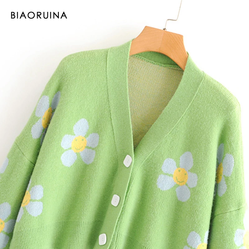 BIAORUINA, женский корейский стиль, цветочный принт, v-образный вырез, вязаный кардиган, Женский Повседневный свитер, больше размера d, подходит ко всему, один размер