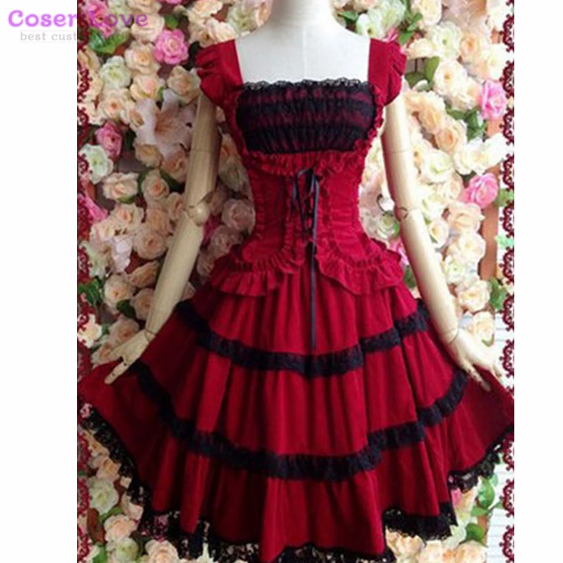 Gothic Lolita Jurk JSK Katoen Kant Trim Geplooide Rode Lolita Jumper Rok Gothic Lolita Jurk JSK Katoen Kant Trim Geplooide Rode Lolita Jumper Rok