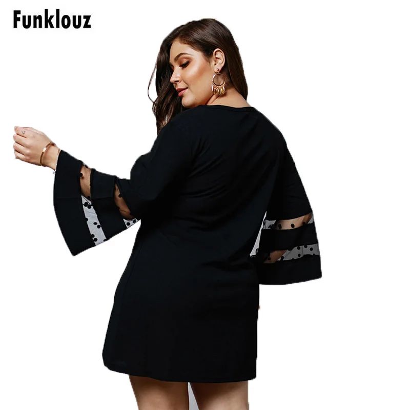 

Funklouz Elegant Plus Size Women Dress Solid Mesh Patchwork O-Neck Flare Sleeve Vintage Office Lady Summer Short Party Dress