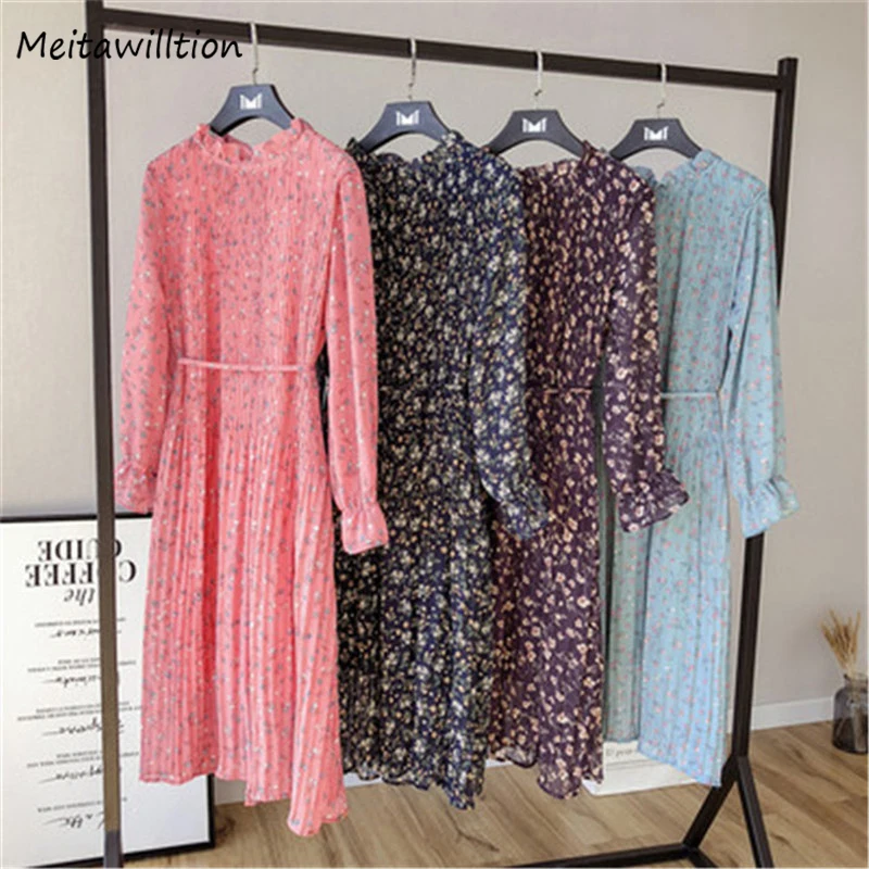 

Summer Autumn Women Chiffon Dress Lady Floral Printed Dresses 2019 Casual Long Sleeve Elastic Waist Ruffled Party Dress Vestidos