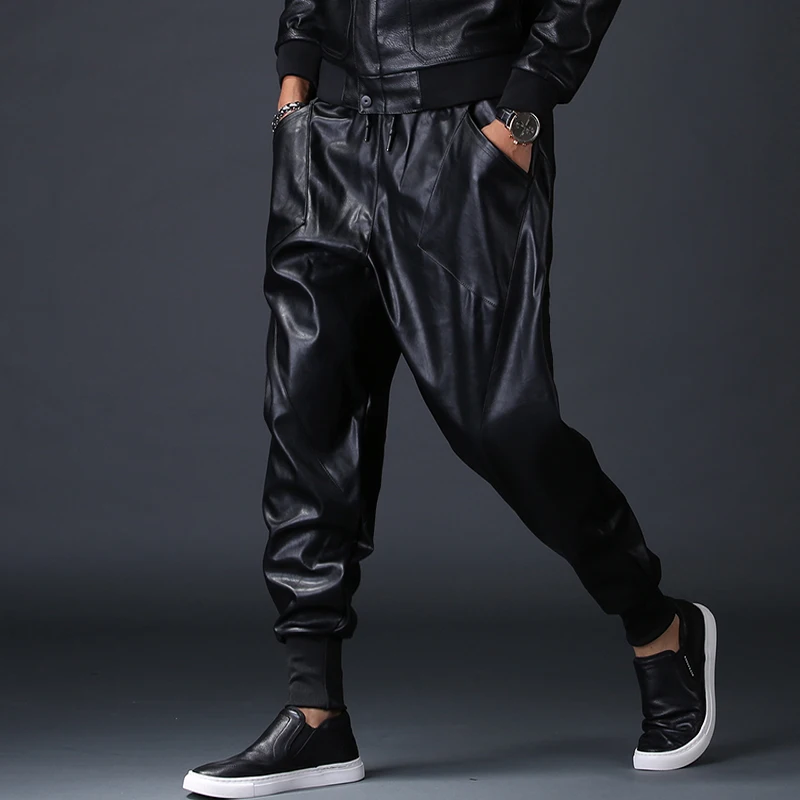 joggers sweatpants New Fashion Men Punk Moto PU Faux Leather Joggers Casual Harem Pants Drop Crotch Street Dance DJ Rock Night Club Trouser M-2XL genie pants