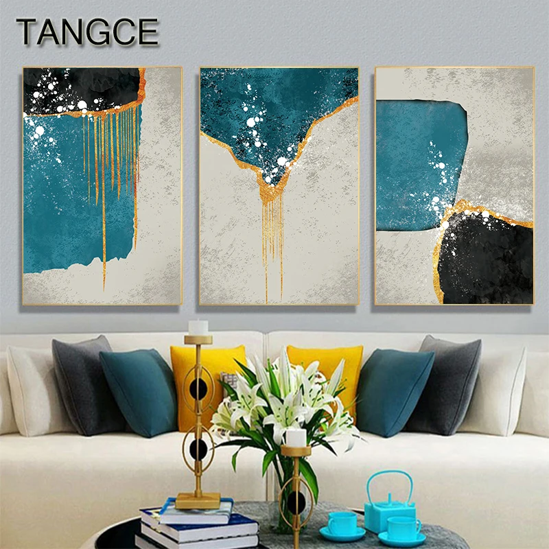 

Abstract Drop Golden Green Canvas Painting Tableaux Big Poster Print Blue Wall Art for Living Room Pop Cuadros Salon Decoracion