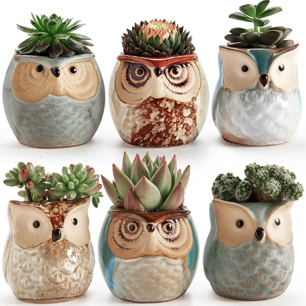 6pcs/lot 2.4 Inch Owl Pot Ceramic Flower Pot Flowing Glaze Base Serial Set Succulent Cactus Plant Container Planter Bonsai Pots