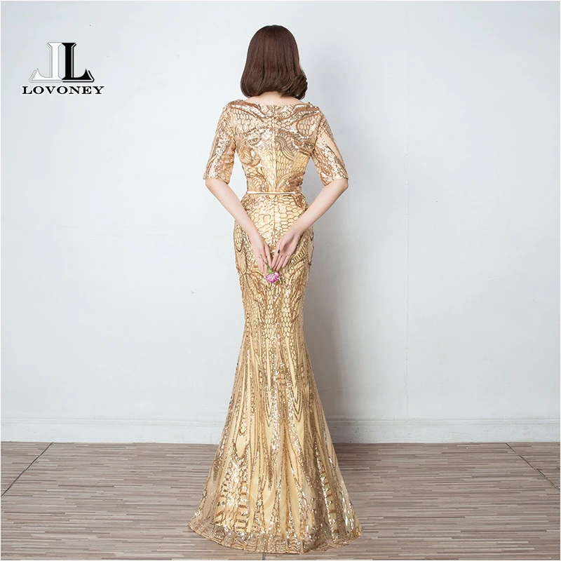 LOVONEY 2019 Sexy Mermaid Evening Dress Half Sleeves Golden Evening Dresses Long Formal Party Gown Vestido De Festa M216 LOVONEY 2019 Sexy Mermaid Evening Dress Half Sleeves Golden Evening Dresses Long Formal Party Gown Vestido De Festa M216