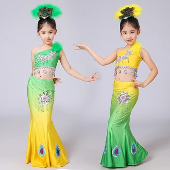 

Children Dance Costume Dai Take Pavan Costume Children Stretch Girl Sequined Fishtail Skirt with Headress