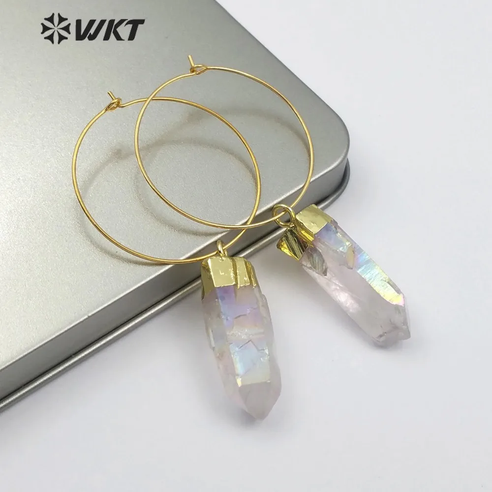 

WT-E493 Aura Quartz Dangling Earrring Six Prism Quartz Pendant With Gold Capped Healing Colorful Crystal Earring Jewelry