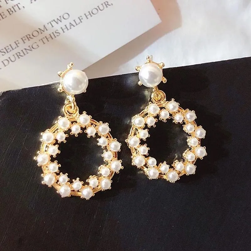 Luxury Baroque Pearl Earrings Gold Cute Small Round Loop Drop Earring for Women Wedding Earings Fashion Jewelry 2019 | Украшения и