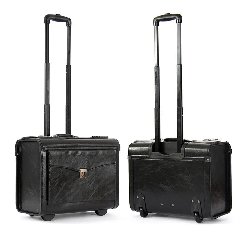 Pilot Rolling Luggage Casters 16 Inch Business Carry On Trolley Women Men Wheels Suitcases Captain PU Travel Bag Trunk