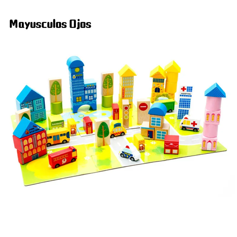 

ZH 1Set / 62PCS Wooden City Traffic Scene Building Blocks Children Stacking Blocks Educational Toys