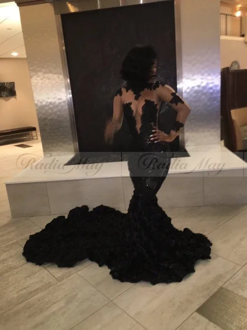 Sexy Black Mermaid Long Sleeves African Prom Dresses for Black Girls Luxury 3D Flower Train Lace Plus Size Evening Gala Dress