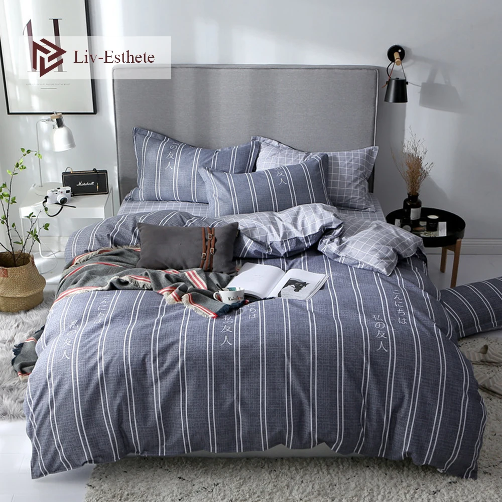 

Liv-Esthete Fashion Stripe Bedding Set Soft Gray Duvet Cover Flat Sheet Bedspread For Adult Single Double Queen King Bed Linen