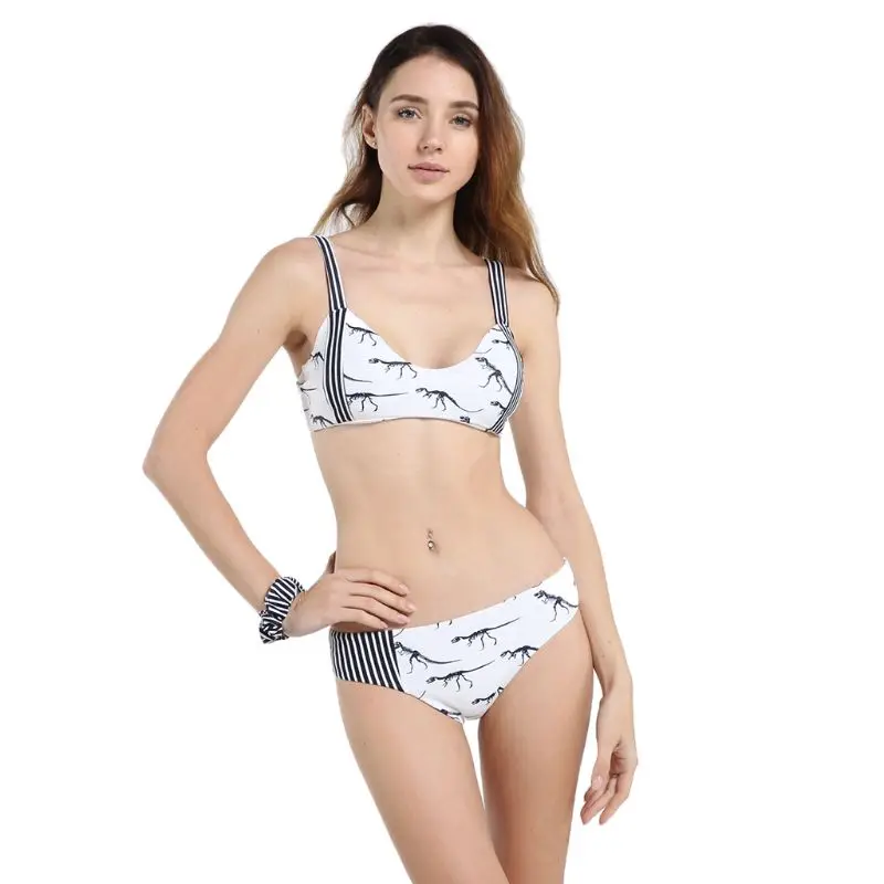

Women Sexy Two Piece Bikini Set Dinosaur Printed Deep Scoop Neck Bra Low Waist Vertical Stripes Patchwork Thong Swimsuit Beachwe