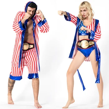 

Mens Women American Flag Boxer Costume Rocky Balboa Boxing Robe Fancy Dress Shorts Movie Boxing Robe Costume Kids