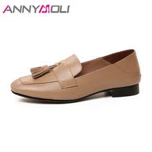 ANNYMOLI/Коллекция года; женская обувь из натуральной кожи на плоской подошве; Лоферы без застежки; обувь с круглым носком и бахромой; сезон весна; большие размеры 41-42; женские лоферы