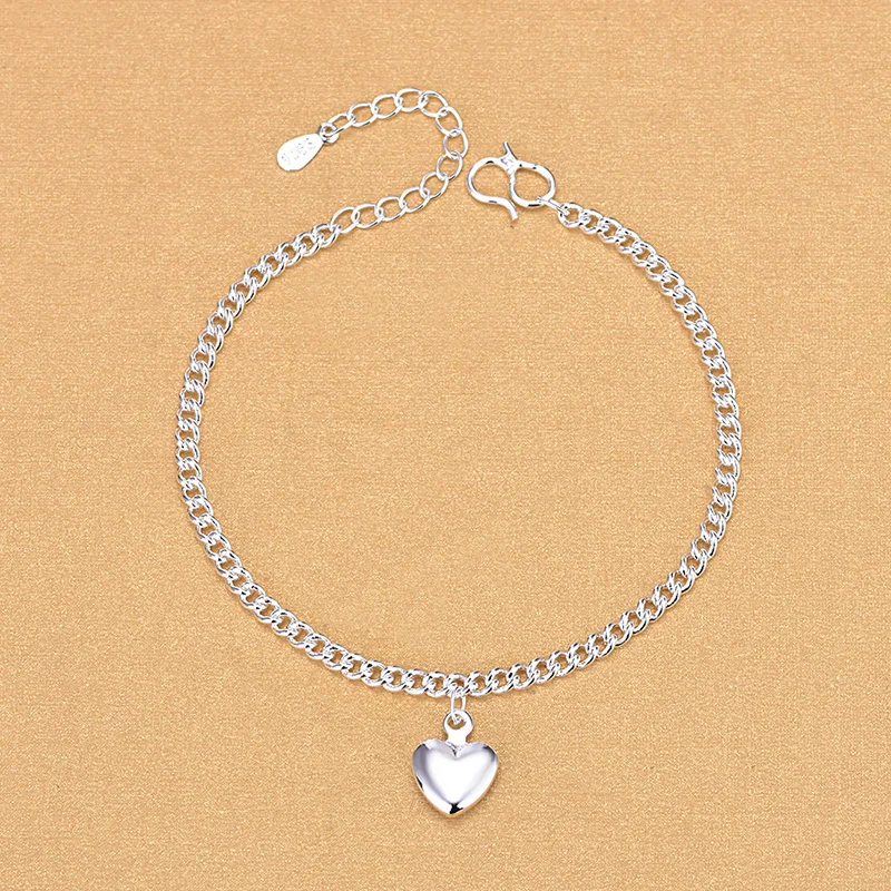 

Free Shipping Top Quality Wholesale Real 925 Sterling Silver Link Chain Bracelets With Heart Charm Bracelets Fine Jewelry