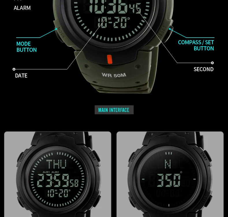 SKMEI уличные спортивные часы мужские компасы обратного отсчета часы 5 бар Водонепроницаемые многофункциональные цифровые часы Relogio Masculino 1231