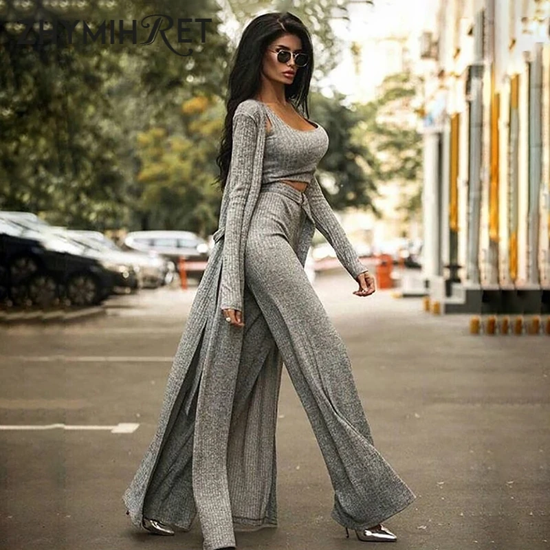 ZHYMIHRET 2020 Autumn Winter Ribbed 3 Pieces Set Women Crop Top High Waist Wide Leg Pants Set Long Sleeve Trench Coat ZHYMIHRET 2020 Autumn Winter Ribbed 3 Pieces Set Women Crop Top High Waist Wide Leg Pants Set Long Sleeve Trench Coat