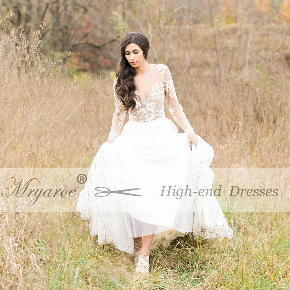 Mryarce Exclusive Lace Beading Open Back Wedding Dress Long Sleeve Scoop Tulle A Line Bridal Gowns Chic Style  (5)