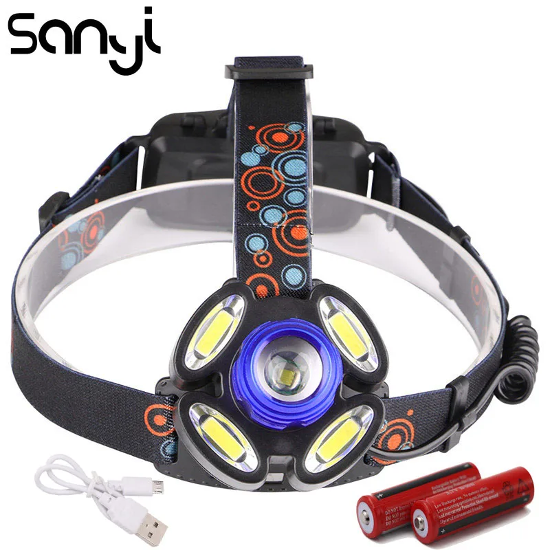 

SANYI 1*T6+4*COB LED Headlight 4 Modes Flashlight Forehead 30000 LM Camping Light Lamp Zoomable Headlamp 2* 18650 Batteries