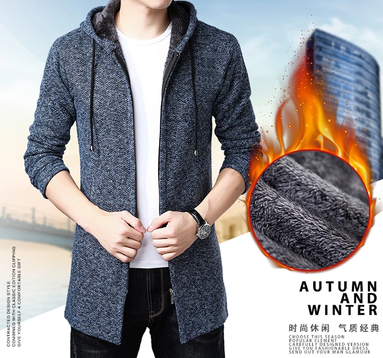 

Litthing 2019 Winter Thick Warm Sweater Hooded Long Male Cardigan Men Hooded Sweater Coat Cotton Liner Zipper Male Fleece Coat