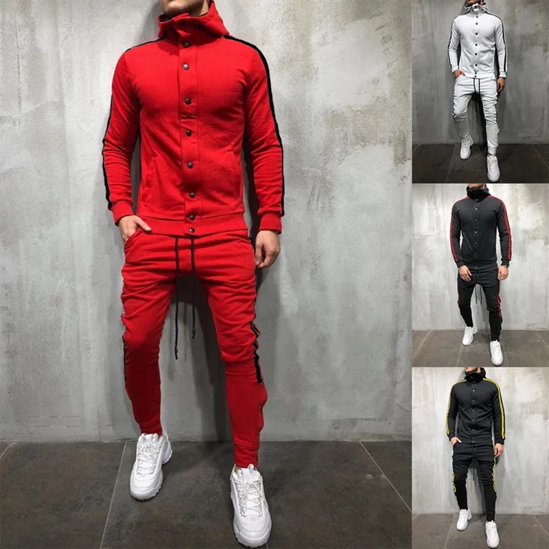 

Shujin Patchwork Spring Autumn Men Suits Men's Sportswear Tracksuit Side Striped Hoodie Two Pieces Set Drawstring chandal hombre