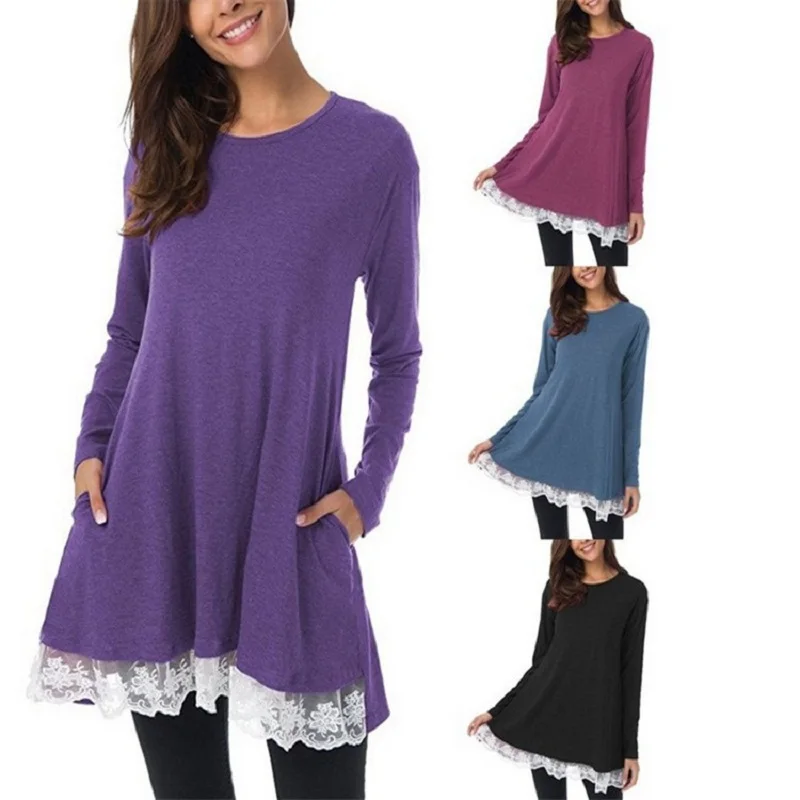 

Long sleeve Sexy Solid color 2019 Fashion Trend Plus size Dress Befree Round neck Pullover Loose Shirt dress Clothes