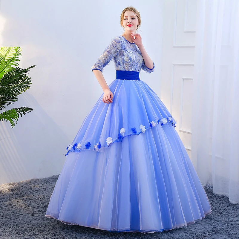 Best SSYFashion New Banquet Elegant Evening Dress Half Sleeved A-line Floor-length Blue Feather Prom Party Gown Custom Formal Dresses 3