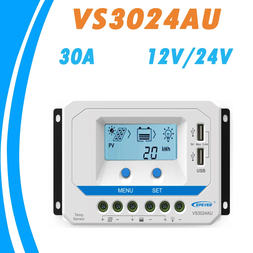 

EPever 30A Solar Charger Controller 12V 24V Auto Backlight LCD High Efficiency Solar Regulator PWM with Dual USB Output VS3024AU