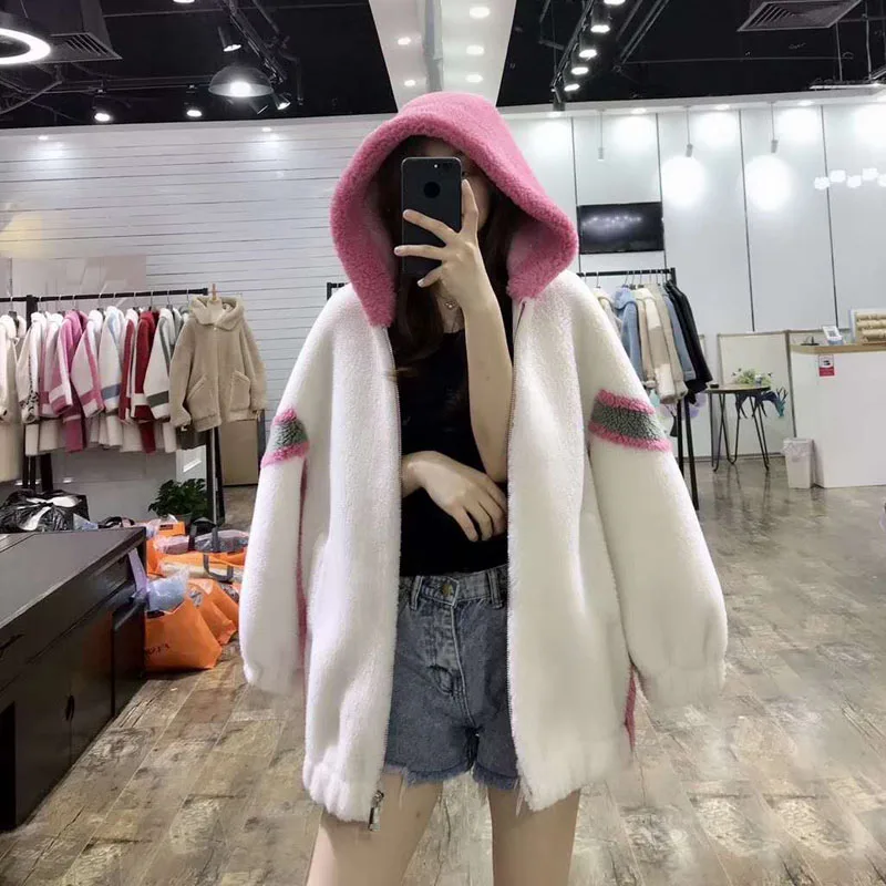 

High quality sheep fur coat plus size parka wool blends hooded jacket korean Puff Sleeve winter coat women sheep shearing 2019